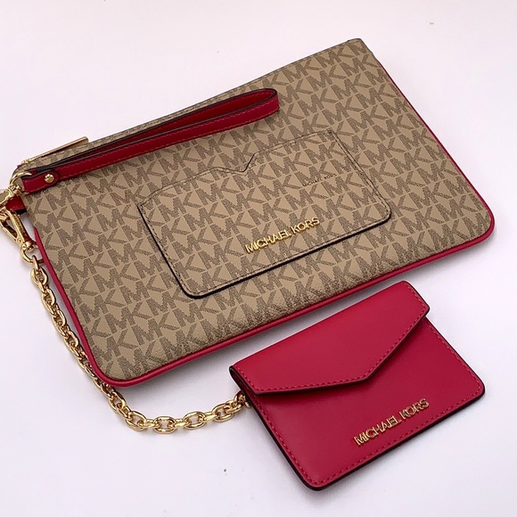 Michael Kors Jet Set LG 2 in 1 card case wristlet Wallet CARMINE PINK SIGNATURE - Picture 2 of 15